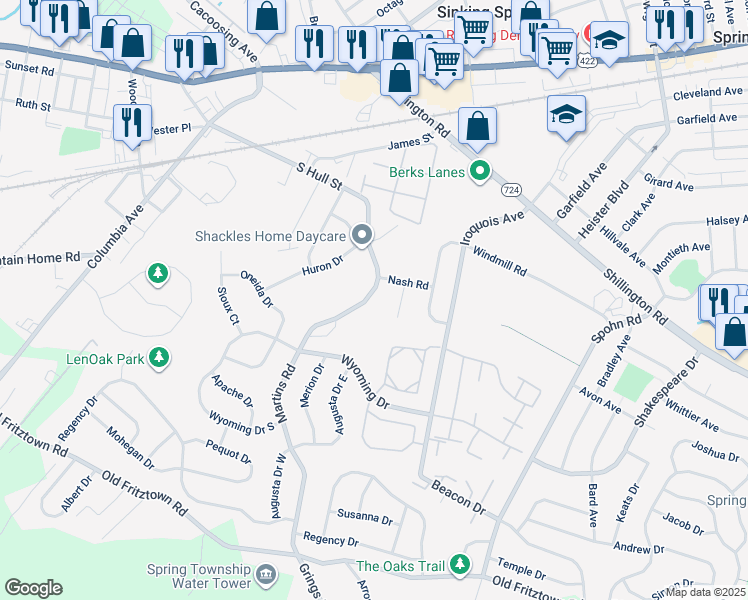 map of restaurants, bars, coffee shops, grocery stores, and more near 371 Martins Road in Sinking Spring