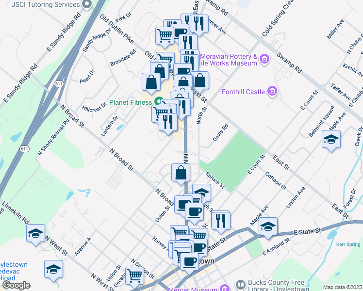 map of restaurants, bars, coffee shops, grocery stores, and more near 354 North Main Street in Doylestown