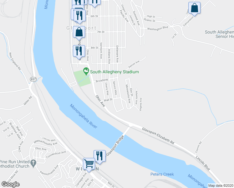 map of restaurants, bars, coffee shops, grocery stores, and more near 1026 Delaware Avenue in Glassport