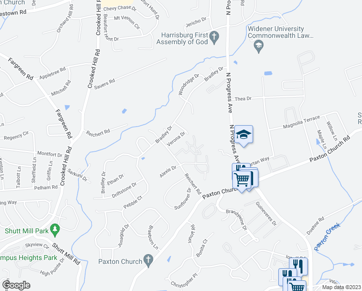 map of restaurants, bars, coffee shops, grocery stores, and more near 416 Cherrington Drive in Harrisburg