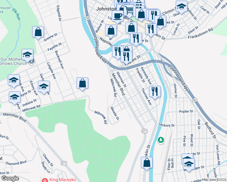 map of restaurants, bars, coffee shops, grocery stores, and more near 614 Millcreek Road in Johnstown