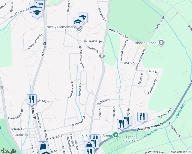 map of restaurants, bars, coffee shops, grocery stores, and more near 40 Woodland Avenue in Greensburg