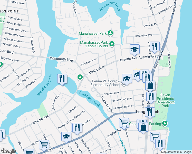 map of restaurants, bars, coffee shops, grocery stores, and more near 170 Atlantic Avenue in Long Branch