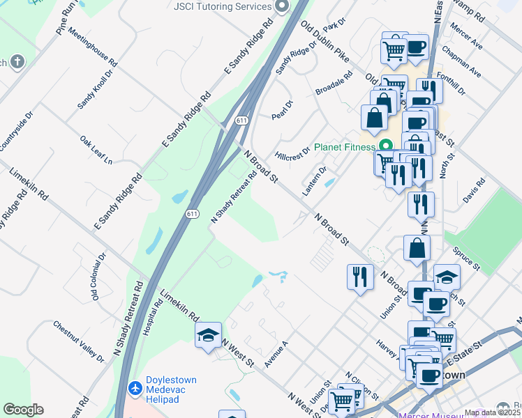 map of restaurants, bars, coffee shops, grocery stores, and more near 705 North Shady Retreat Road in New Britain