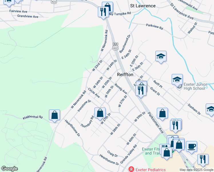 map of restaurants, bars, coffee shops, grocery stores, and more near 104 West 35th Street in Reading