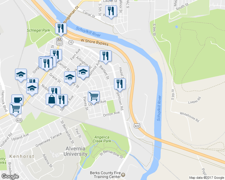 map of restaurants, bars, coffee shops, grocery stores, and more near 411 Bartlett Street in Reading
