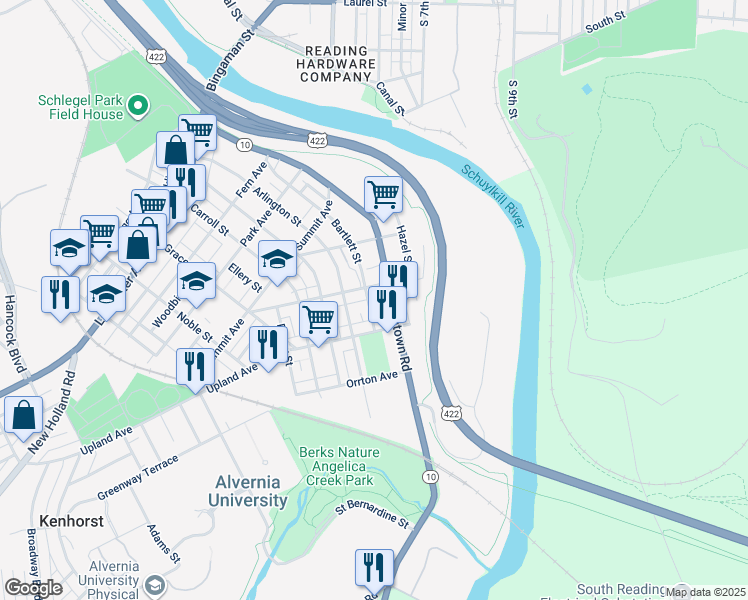 map of restaurants, bars, coffee shops, grocery stores, and more near 411 Bartlett Street in Reading