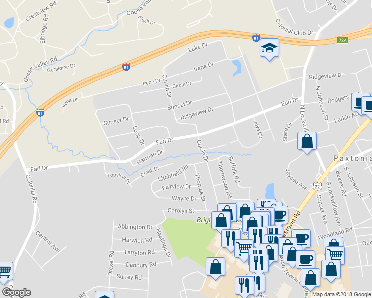 map of restaurants, bars, coffee shops, grocery stores, and more near 5009 Earl Drive in Harrisburg