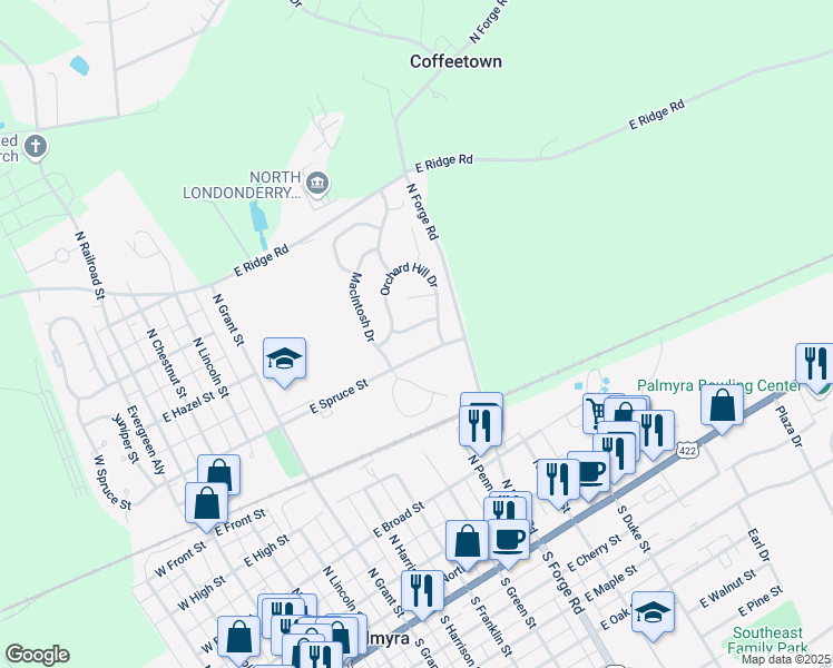 map of restaurants, bars, coffee shops, grocery stores, and more near 138 Winesap Lane in Palmyra