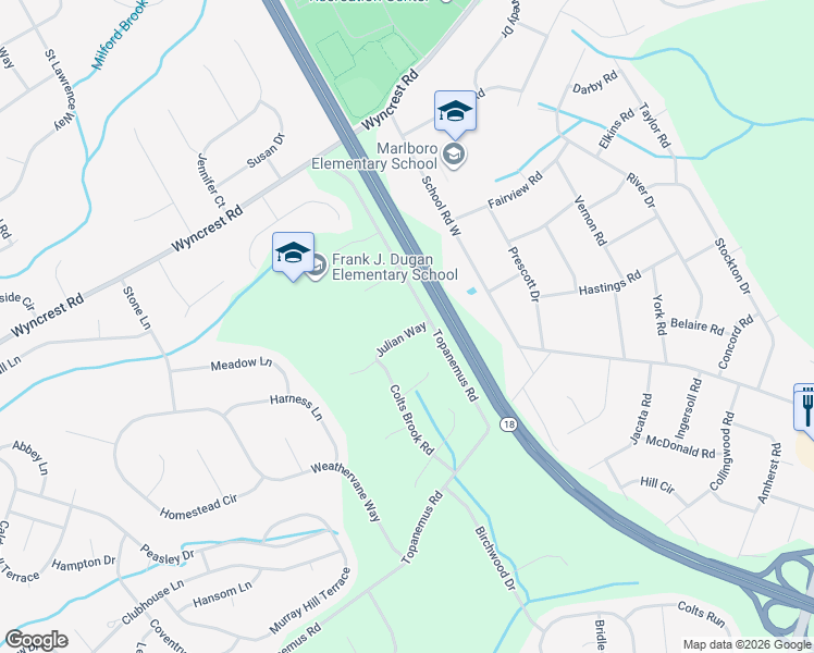 map of restaurants, bars, coffee shops, grocery stores, and more near 4 Julian Way in Marlboro Township