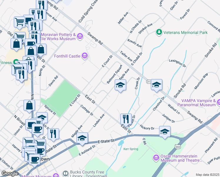 map of restaurants, bars, coffee shops, grocery stores, and more near 545 Maple Avenue in Doylestown