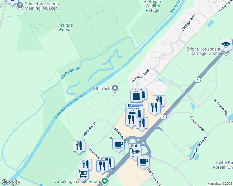 map of restaurants, bars, coffee shops, grocery stores, and more near 114 Cascade Court in Princeton