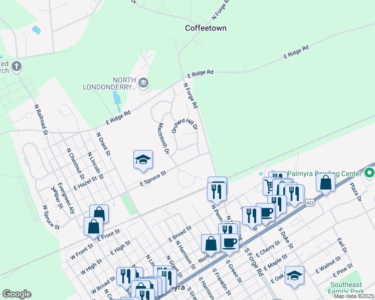 map of restaurants, bars, coffee shops, grocery stores, and more near 138 Winesap Lane in Palmyra