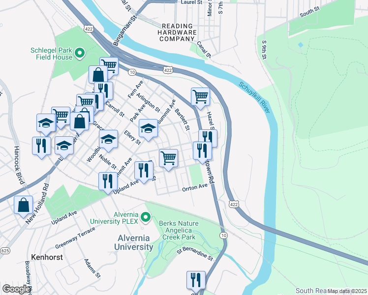 map of restaurants, bars, coffee shops, grocery stores, and more near 126 Belvedere Avenue in Reading