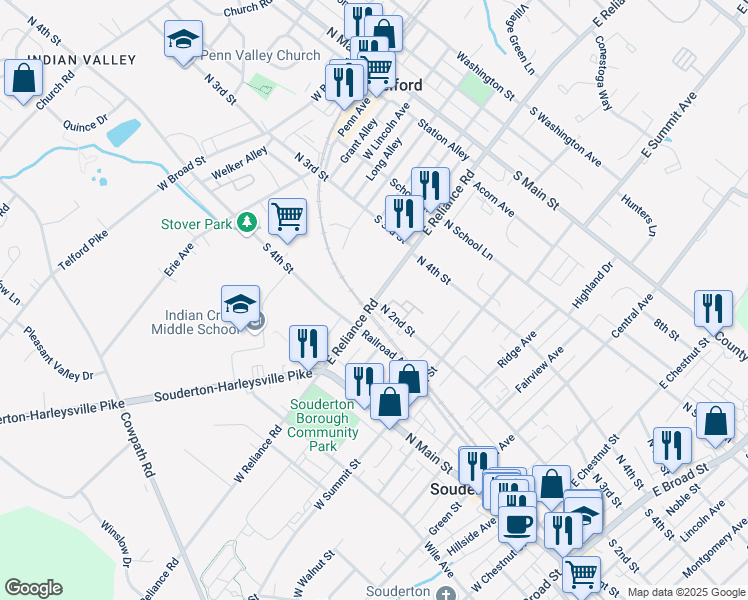 map of restaurants, bars, coffee shops, grocery stores, and more near East Reliance Road in Souderton