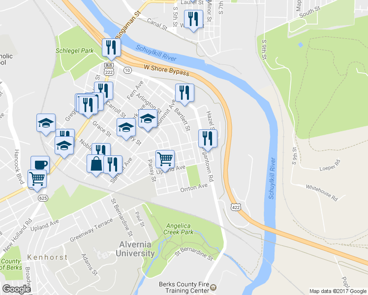 map of restaurants, bars, coffee shops, grocery stores, and more near 126 Belvedere Avenue in Reading