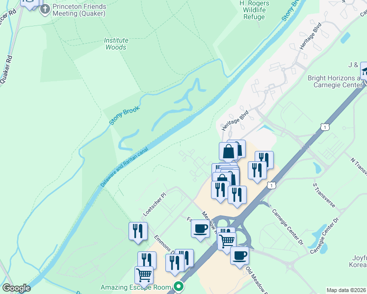 map of restaurants, bars, coffee shops, grocery stores, and more near 112 Biscayne Court in Princeton