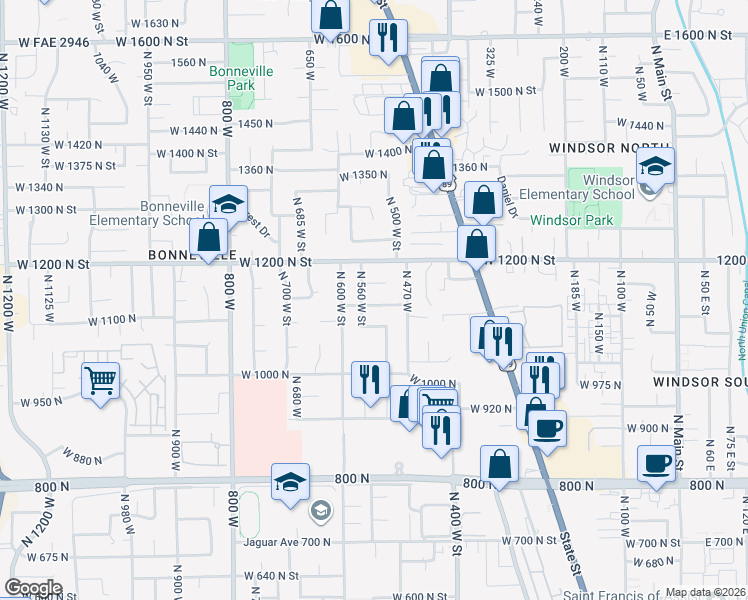 map of restaurants, bars, coffee shops, grocery stores, and more near 538 West 1120 North in Orem