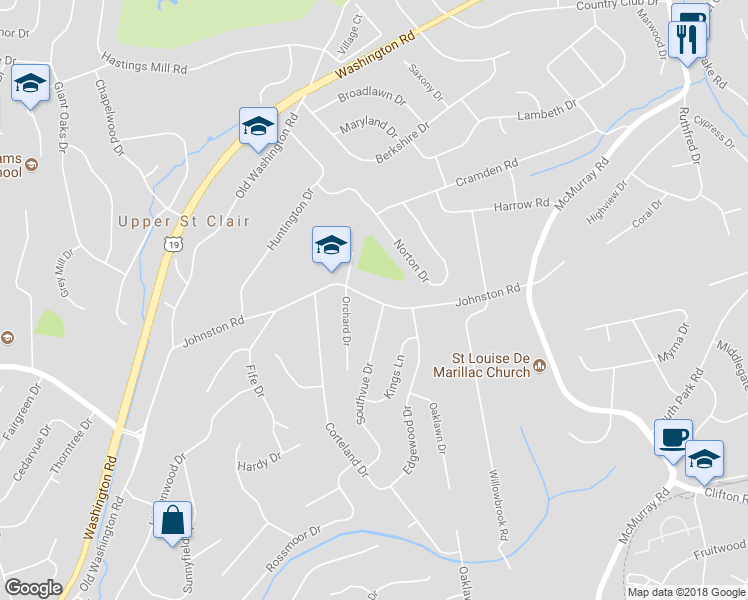 map of restaurants, bars, coffee shops, grocery stores, and more near 263 Johnston Road in Upper Saint Clair