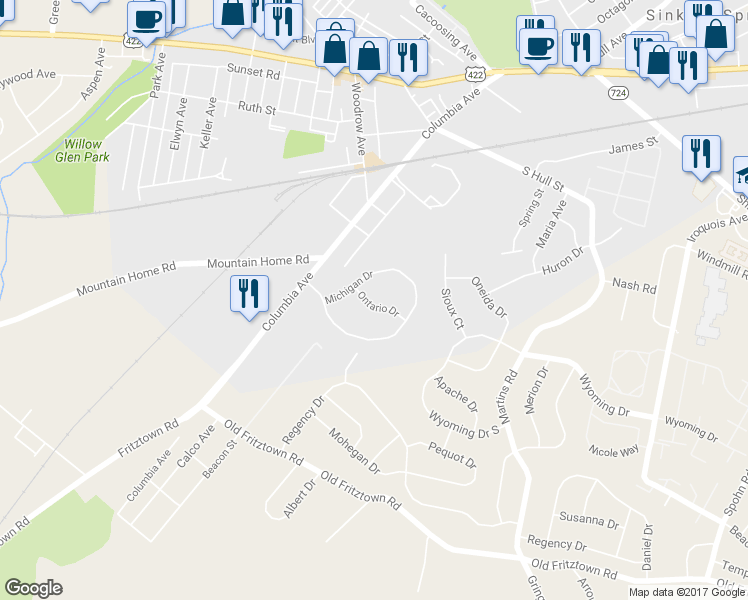 map of restaurants, bars, coffee shops, grocery stores, and more near 11 Ontario Drive in Sinking Spring