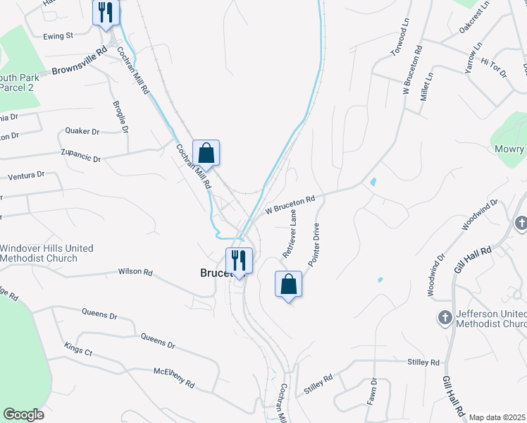 map of restaurants, bars, coffee shops, grocery stores, and more near 600 West Bruceton Road in Jefferson Hills