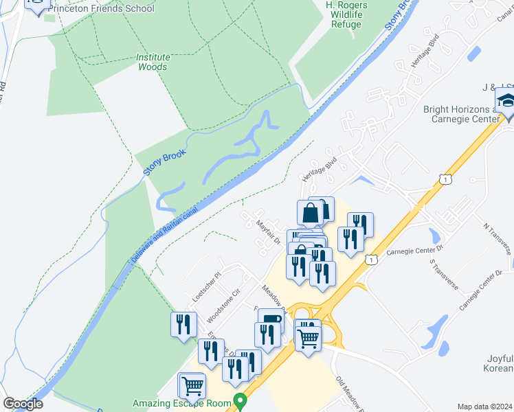 map of restaurants, bars, coffee shops, grocery stores, and more near 114 Cascade Court in Princeton