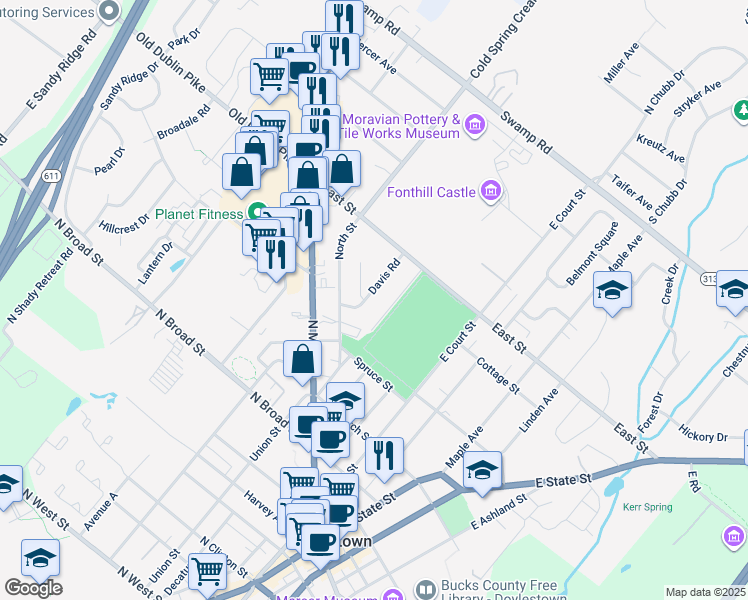 map of restaurants, bars, coffee shops, grocery stores, and more near 76 Davis Road in Doylestown