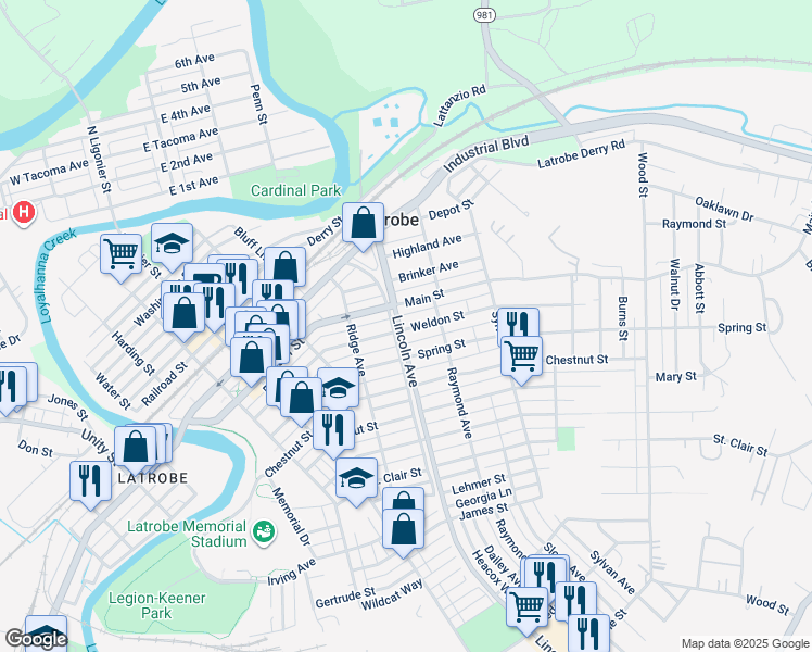 map of restaurants, bars, coffee shops, grocery stores, and more near 615 Main Street in Latrobe