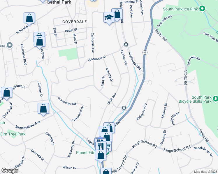 map of restaurants, bars, coffee shops, grocery stores, and more near 5565 Fera Drive in Bethel Park