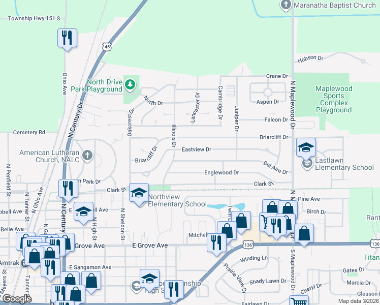 map of restaurants, bars, coffee shops, grocery stores, and more near 1037 Eastview Drive in Rantoul