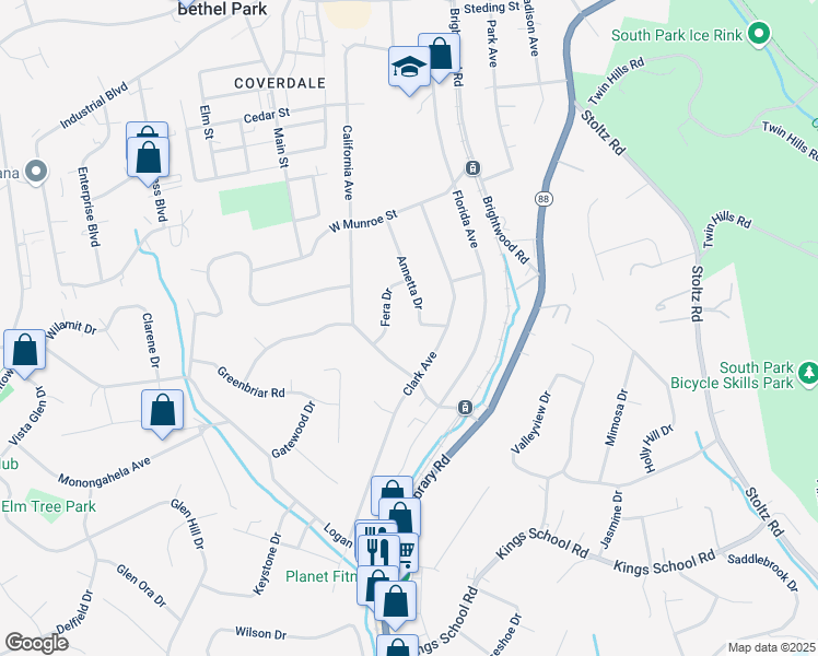 map of restaurants, bars, coffee shops, grocery stores, and more near 5565 Fera Drive in Bethel Park