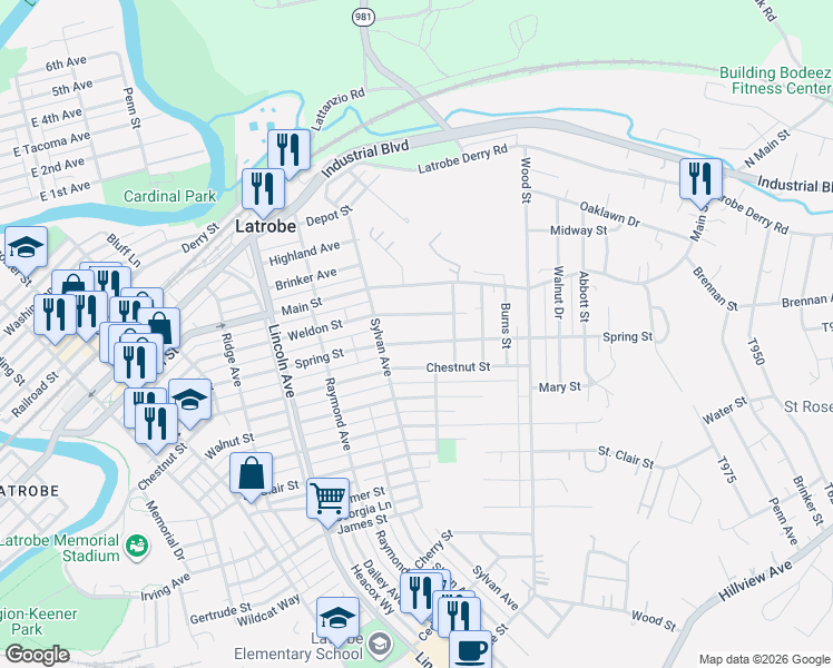 map of restaurants, bars, coffee shops, grocery stores, and more near 815 Weldon Street in Latrobe