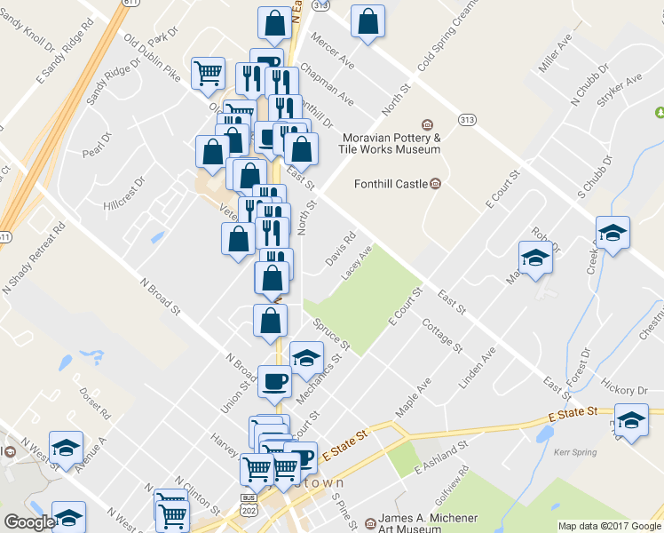 map of restaurants, bars, coffee shops, grocery stores, and more near 76 Davis Road in Doylestown