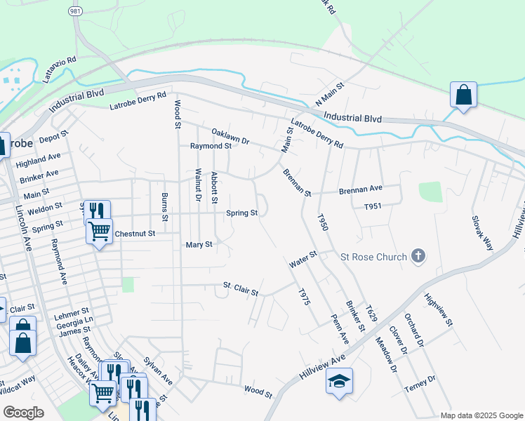 map of restaurants, bars, coffee shops, grocery stores, and more near 1500 Timothy Drive in Latrobe