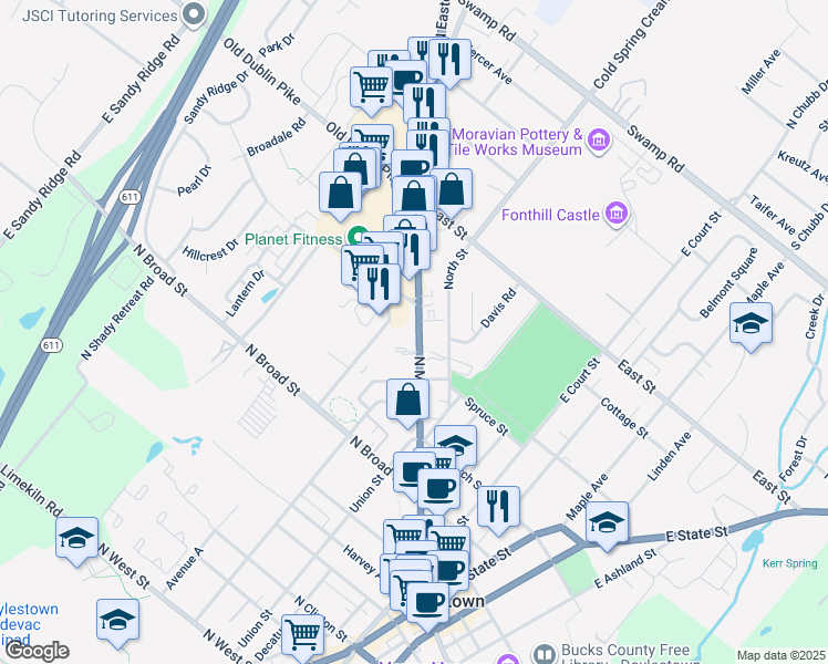 map of restaurants, bars, coffee shops, grocery stores, and more near 362 North Main Street in Doylestown