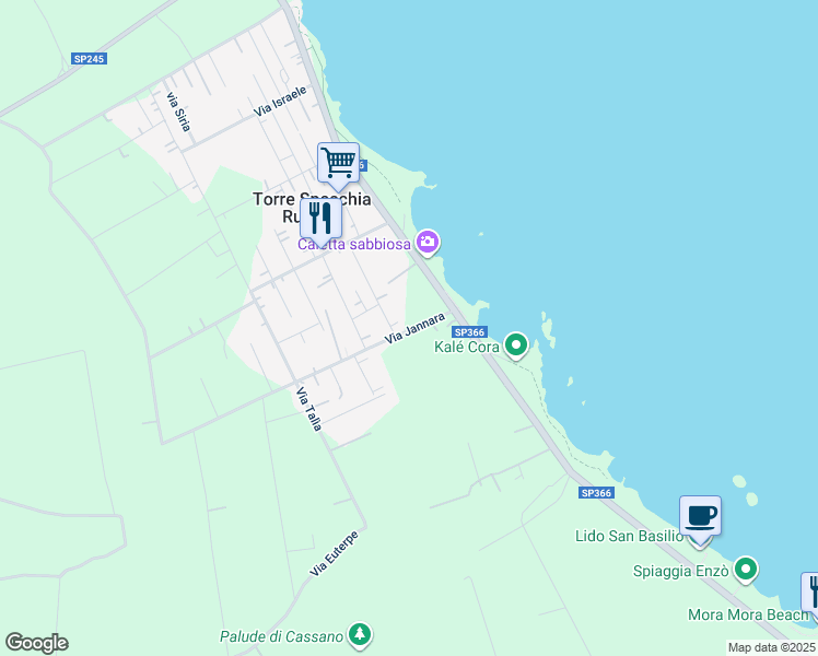 map of restaurants, bars, coffee shops, grocery stores, and more near 5 Via Jannara in Torre Specchia Ruggeri