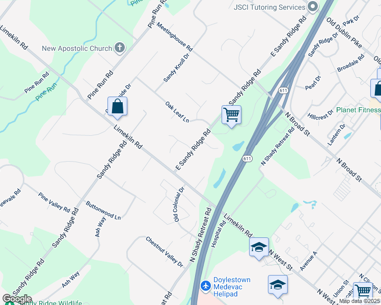 map of restaurants, bars, coffee shops, grocery stores, and more near 864 East Sandy Ridge Road in Doylestown