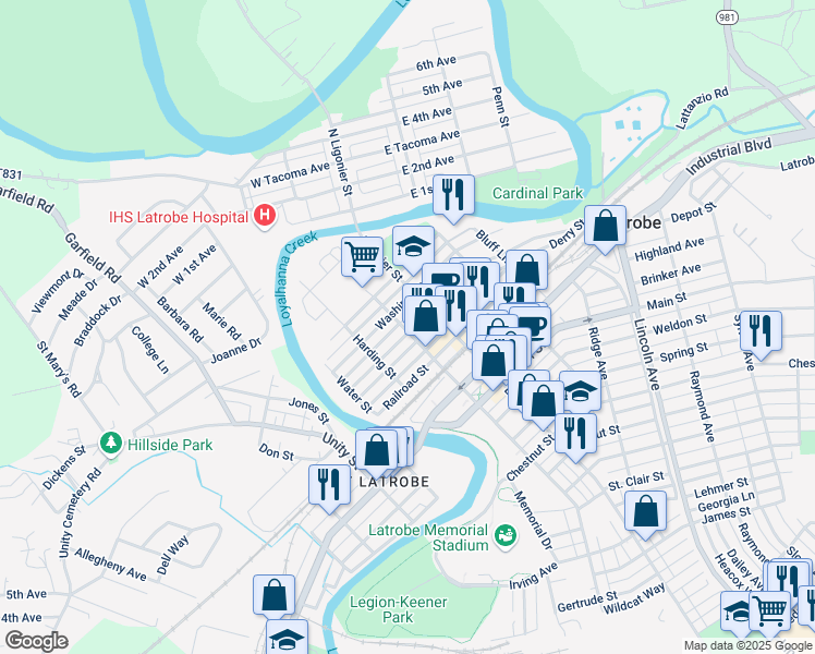 map of restaurants, bars, coffee shops, grocery stores, and more near 200 Miller Street in Latrobe