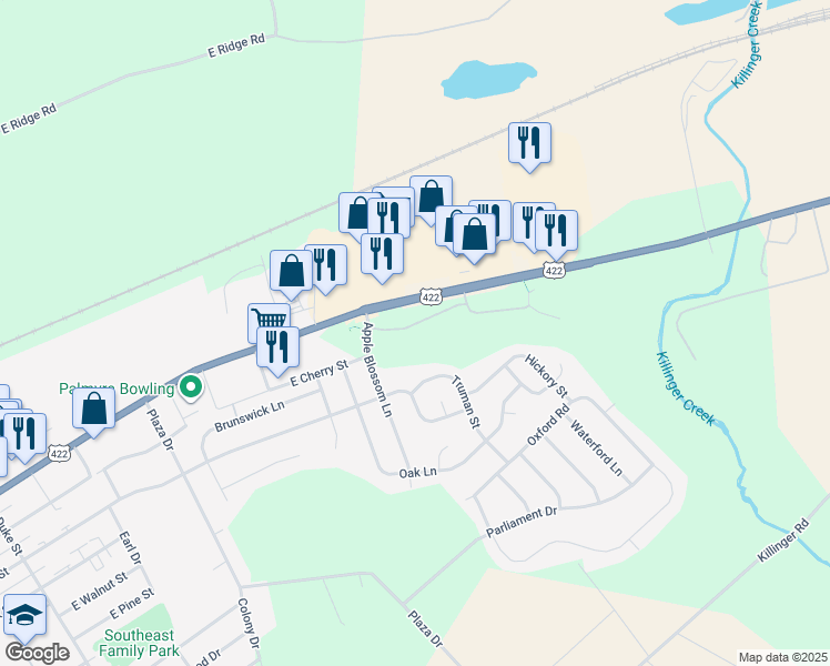 map of restaurants, bars, coffee shops, grocery stores, and more near 68 Shady Lane in Annville