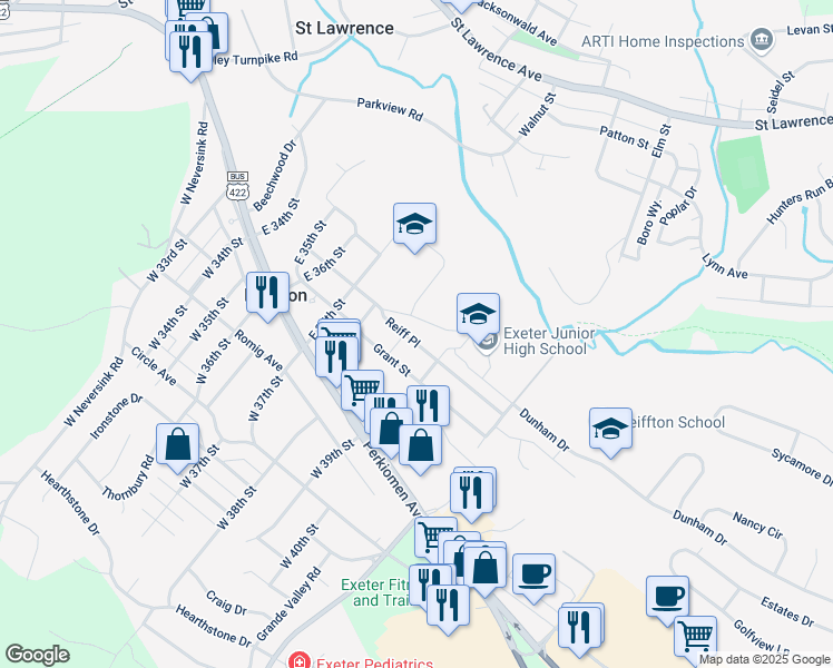 map of restaurants, bars, coffee shops, grocery stores, and more near 3813 Reiff Place in Reading