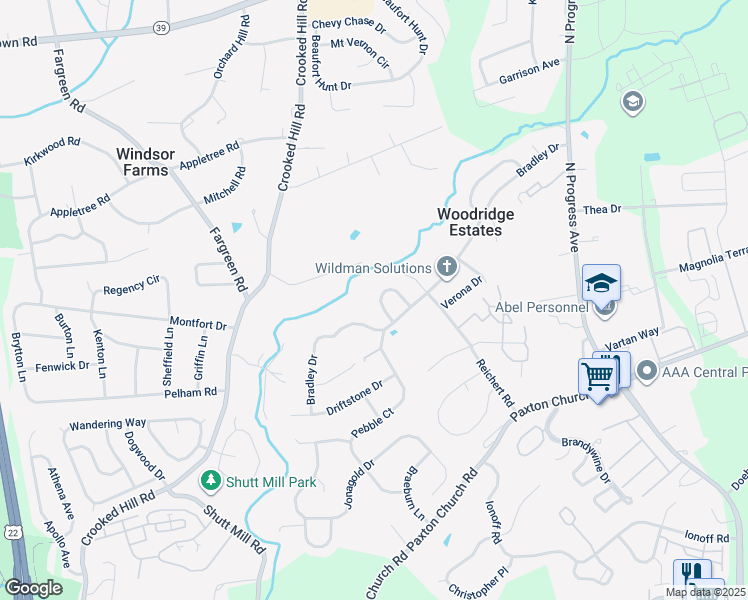 map of restaurants, bars, coffee shops, grocery stores, and more near 112 Millwood Drive in Harrisburg