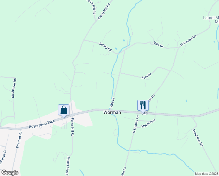 map of restaurants, bars, coffee shops, grocery stores, and more near 10 Vale Drive in Boyertown