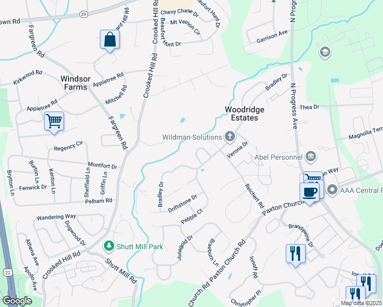map of restaurants, bars, coffee shops, grocery stores, and more near 112 Millwood Drive in Harrisburg