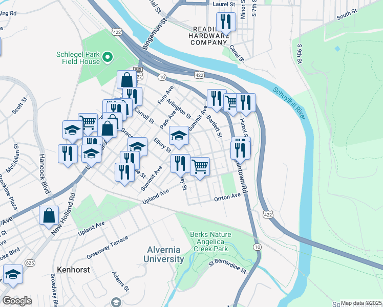 map of restaurants, bars, coffee shops, grocery stores, and more near 335 Carroll Street in Reading
