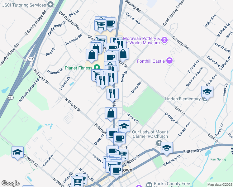 map of restaurants, bars, coffee shops, grocery stores, and more near 379 North Main Street in Doylestown