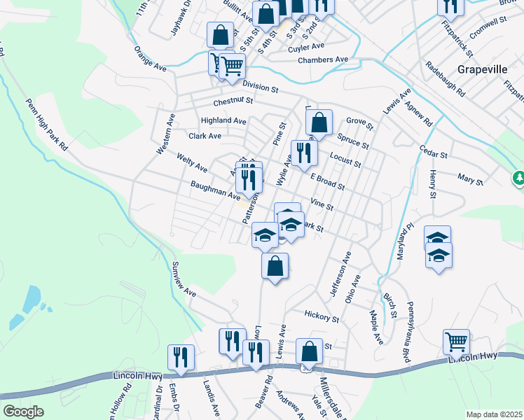 map of restaurants, bars, coffee shops, grocery stores, and more near 810 Wylie Avenue in Jeannette