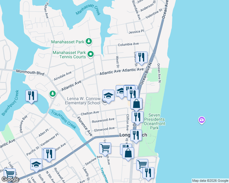 map of restaurants, bars, coffee shops, grocery stores, and more near 15 Calvert Avenue in Long Branch