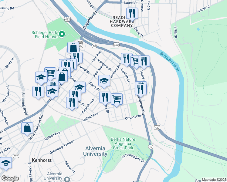 map of restaurants, bars, coffee shops, grocery stores, and more near 313 Belvedere Avenue in Reading