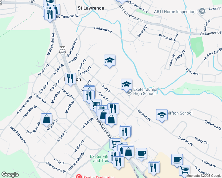 map of restaurants, bars, coffee shops, grocery stores, and more near 3813 Reiff Place in Reading