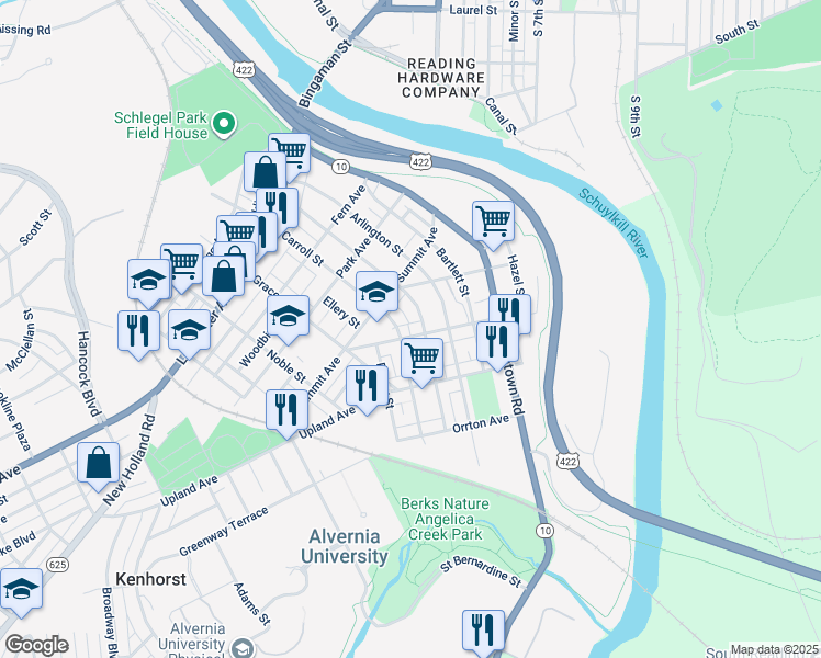 map of restaurants, bars, coffee shops, grocery stores, and more near 313 Belvedere Avenue in Reading
